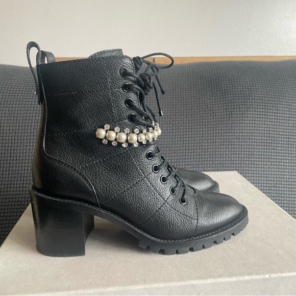 Jimmy Choo Black Cruz 65 Combat Ankle Boots with Crystal Pearl Strap - Picture 2 of 7